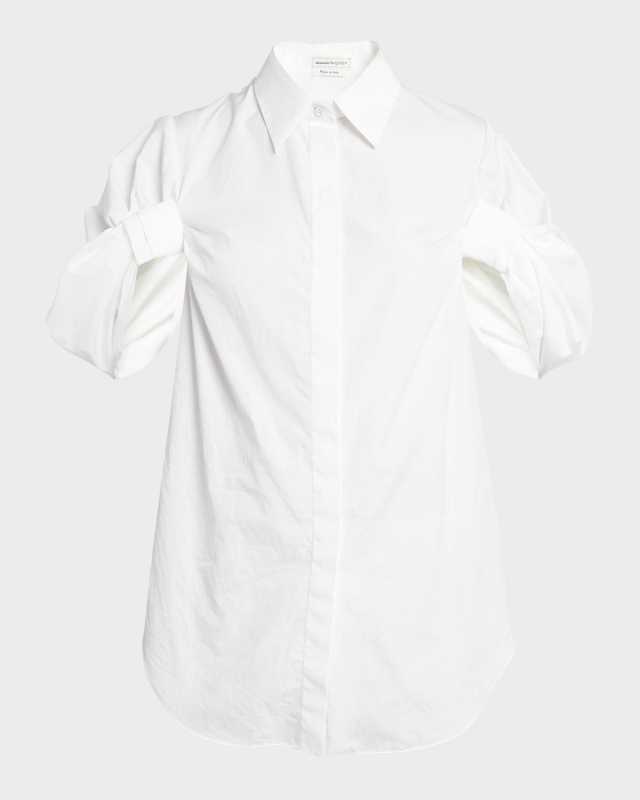 Ruched Puff-Sleeve Button-Front Blouse