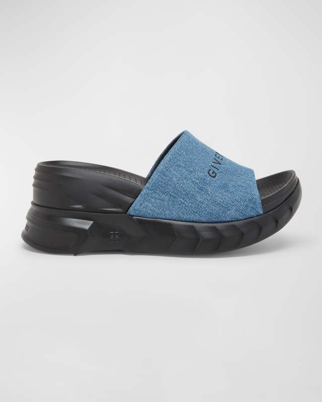 Marshmallow Denim Logo Wedge Slide Sandals