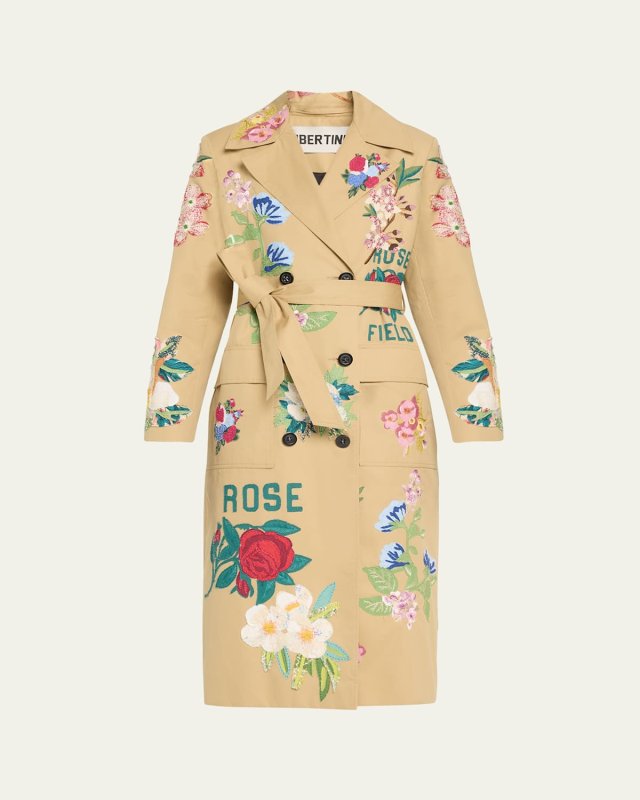 Hand Quilted Floral Trench Coat with Tie Belt