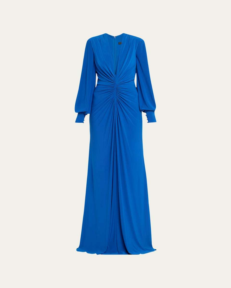 Ruched Deep V-Neck Jersey Gown