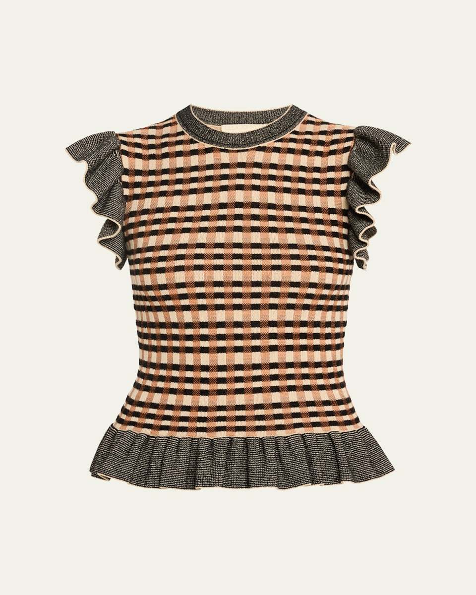 Rea Ruffled Sleeveless Check Knit Top
