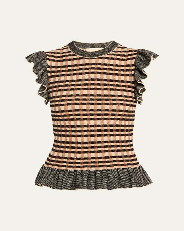 Rea Ruffled Sleeveless Check Knit Top