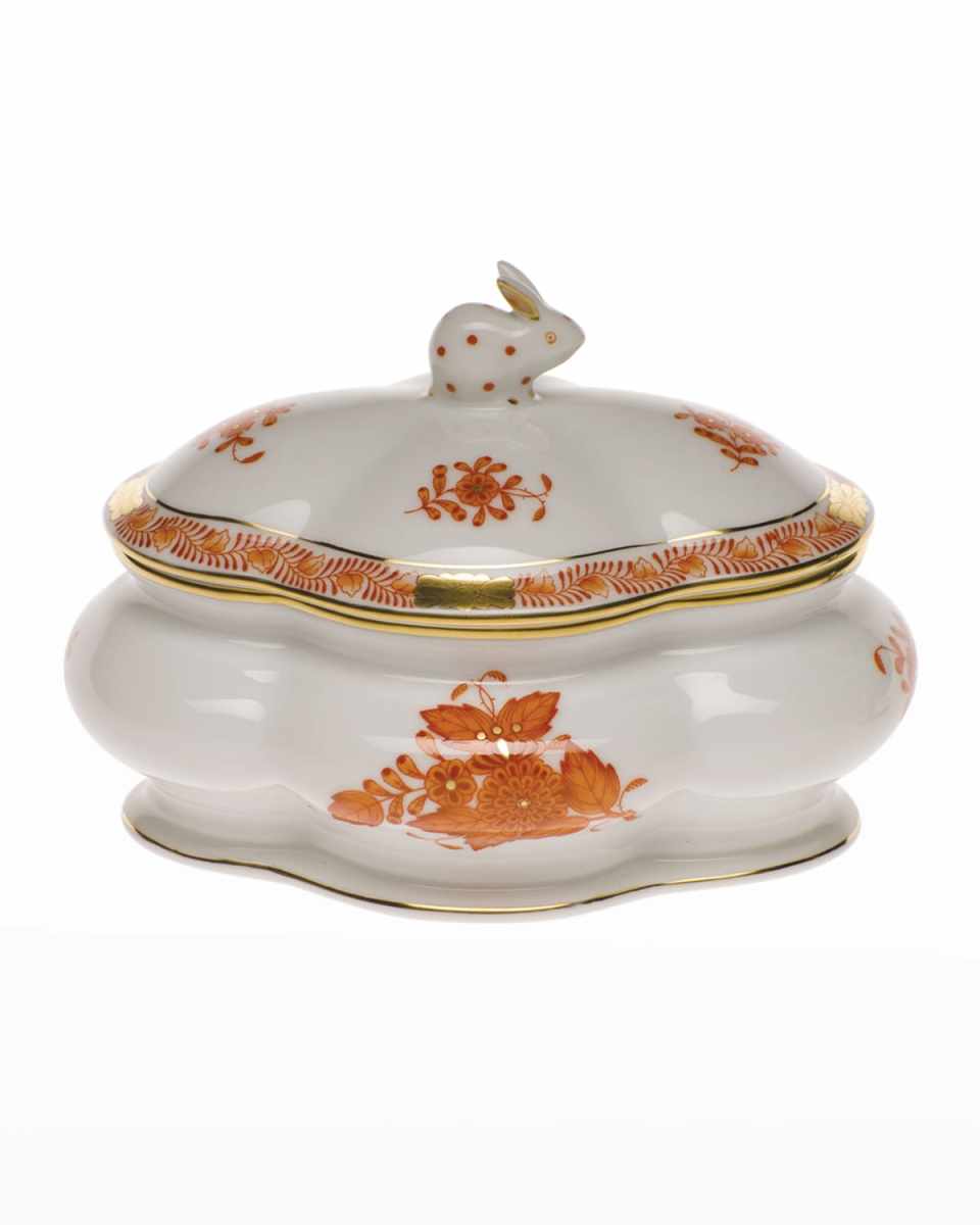 Chinese Bouquet Rust Covered Porcelain Bonbon Box with Bunny