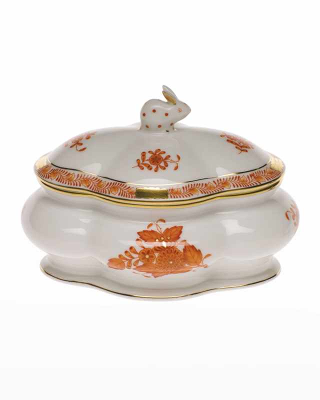 Chinese Bouquet Rust Covered Porcelain Bonbon Box with Bunny