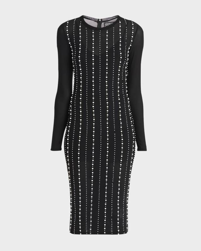 Long-Sleeves Embellished Mesh Midi Dress