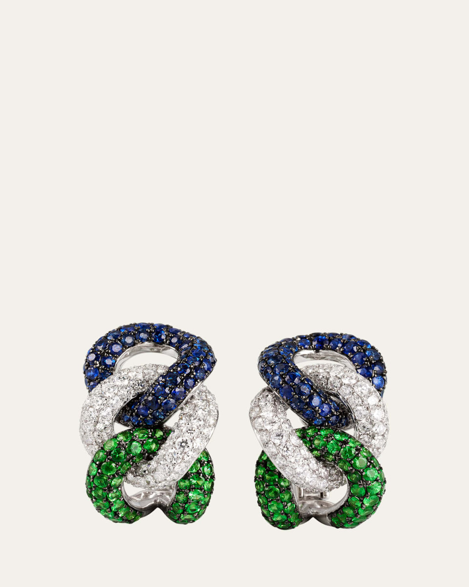 18K White Gold Rope Chain Earrings with Sapphire, Garnet, and Diamonds