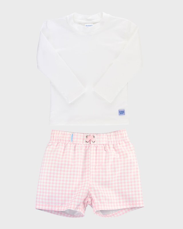 Boy's Rashguard and Gingham Trunks Set, Size 3M-8