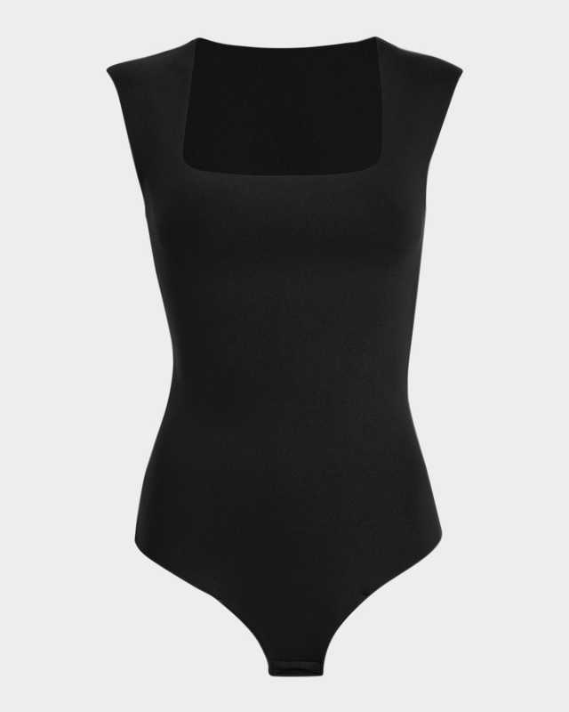 Cap-Sleeve Neoprene Thong Bodysuit