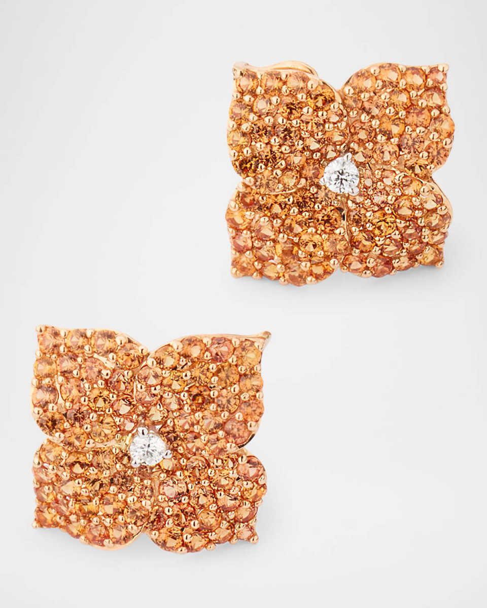 18K Rose Gold Orange Sapphire and Diamond Flower Earrings