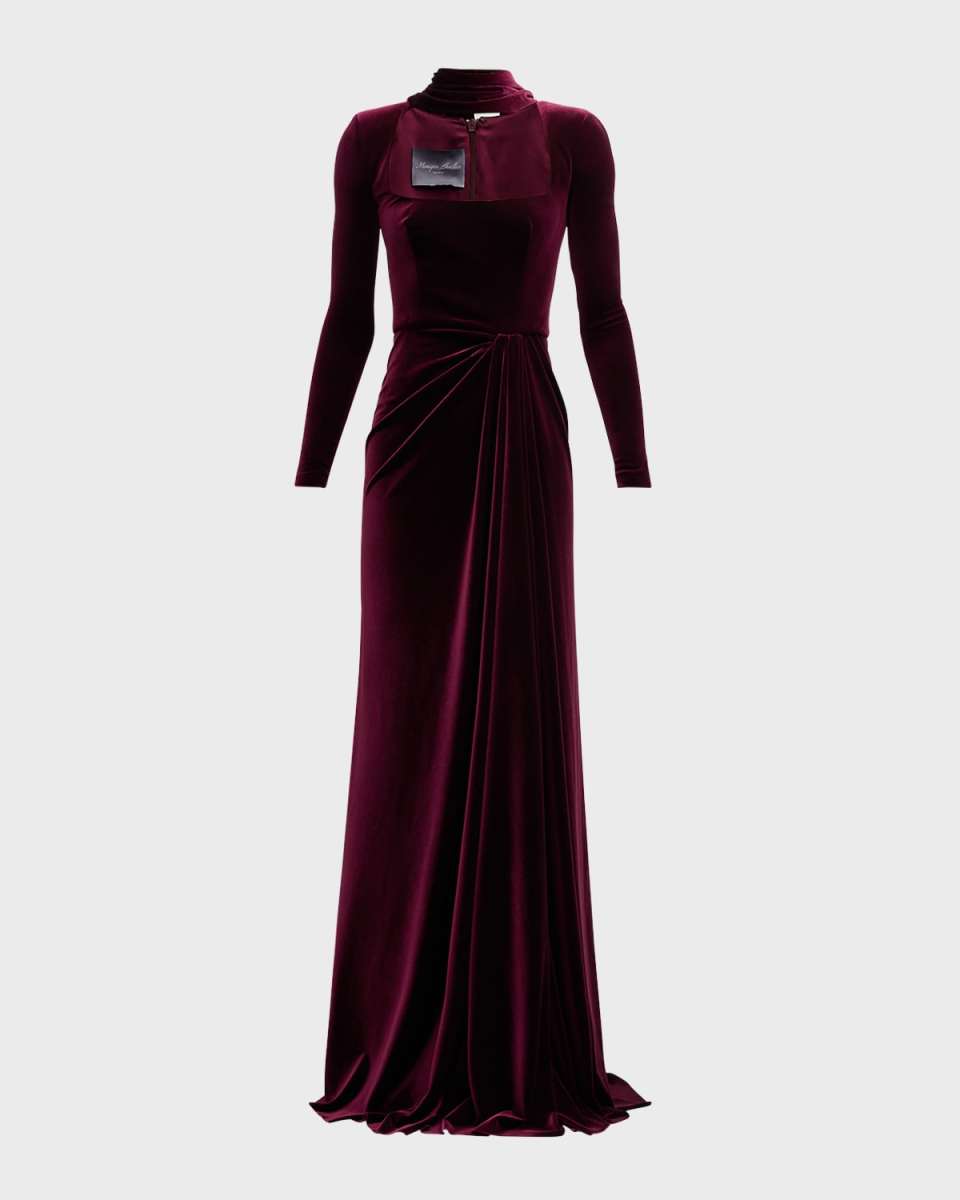 Square-Neck Long-Sleeve Velvet Scarf Gown