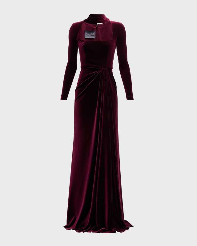 Square-Neck Long-Sleeve Velvet Scarf Gown