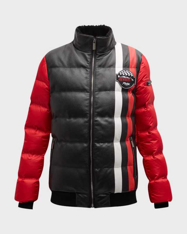 Lamb Shearling-Collar Zip Down-Filled Leather Jacket