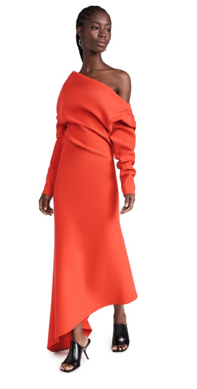 A. W.A. K.E. MODE Off Shoulder Asymmetric Dress Red