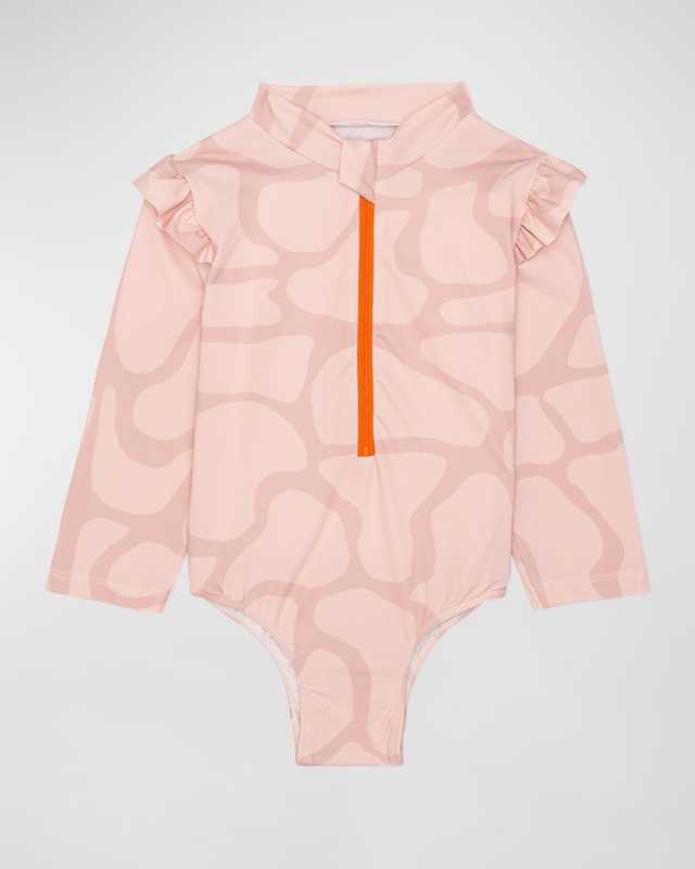 Girl's Giraffe One-Piece Rashguard Swimsuit, Size 2-8
