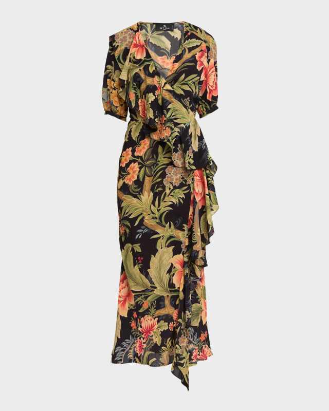 Idillium Floral Silk Georgette Ruffle Midi Wrap Dress