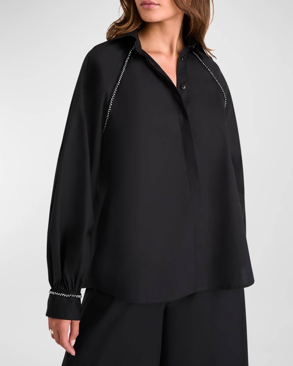 Tiana Beaded Button-Down Cotton Poplin Top