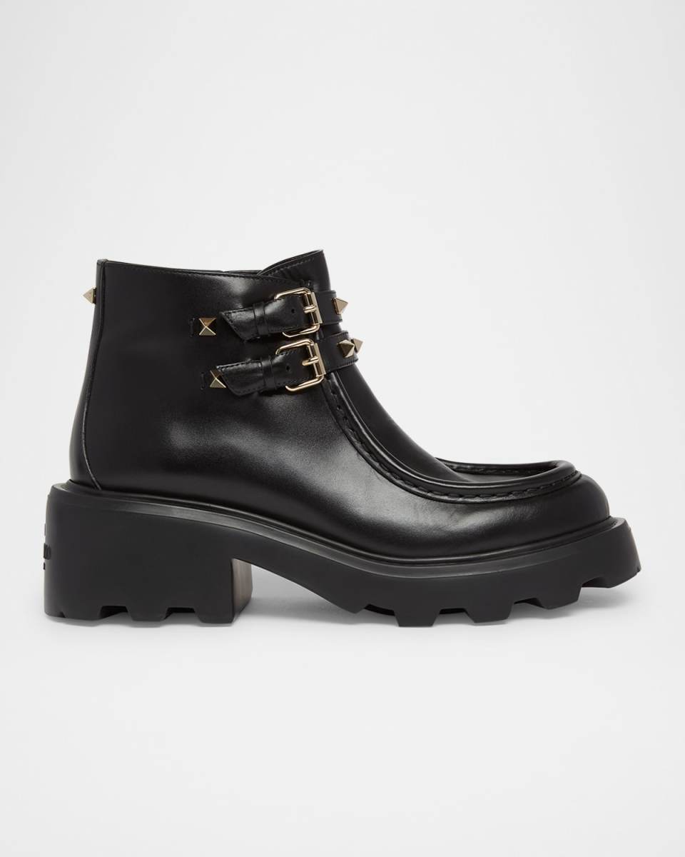 Rockstud Leather Dual-Buckle Ankle Boots