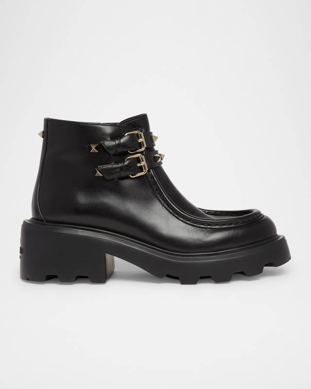 Rockstud Leather Dual-Buckle Ankle Boots