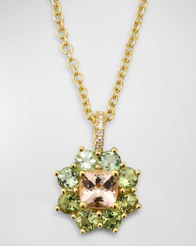 Small Mint Tourmaline and Morganite Flower Pendant Necklace