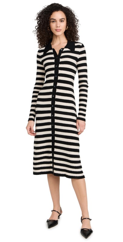 Lingua Franca Morrissey Textured Stripe Button-Thru Dress Jet