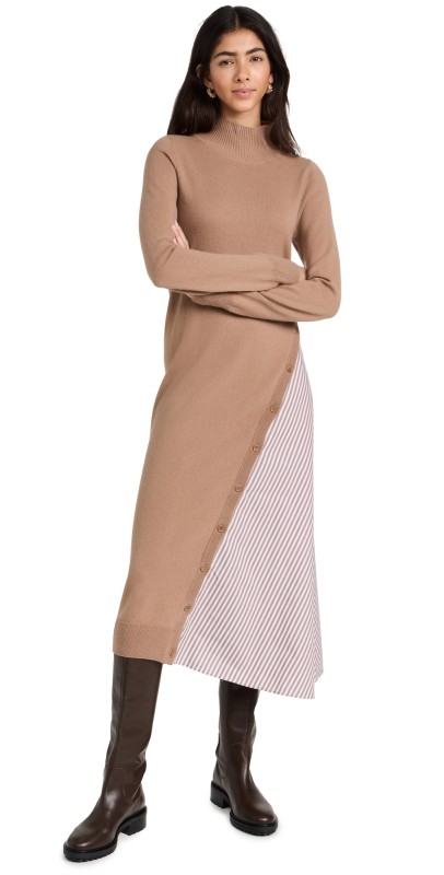 Naadam Asymmetrical Wool Cashmere Hybrid Turtleneck Dress Caramel