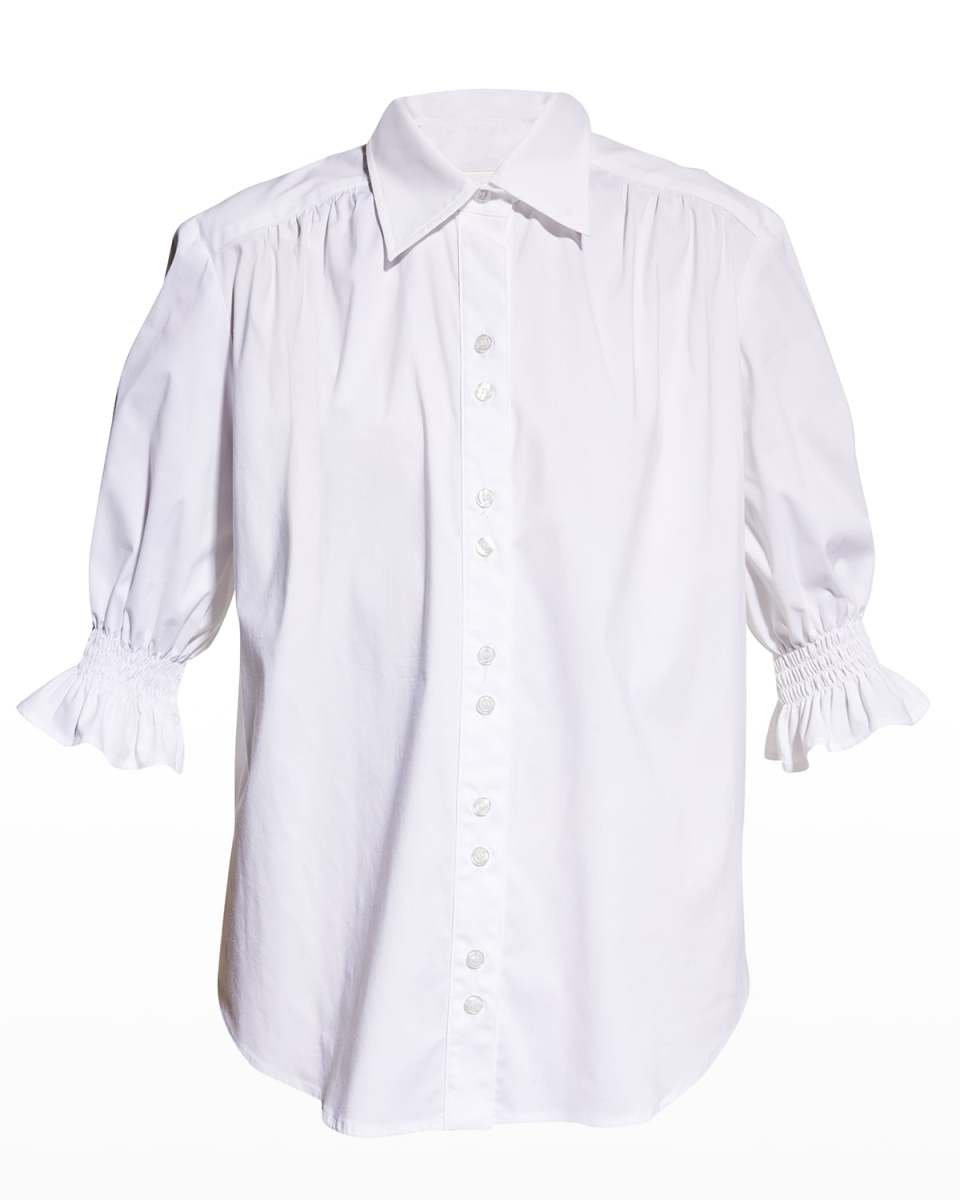 Sirena Smocked-Sleeve Poplin Top