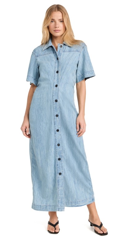 Another Tomorrow Chambray Bias Shirt Dress Light Blue Wash
