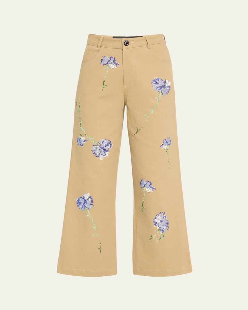 Cecil Beaton Blue Carnation Crystal Cropped Wide-Leg Pants