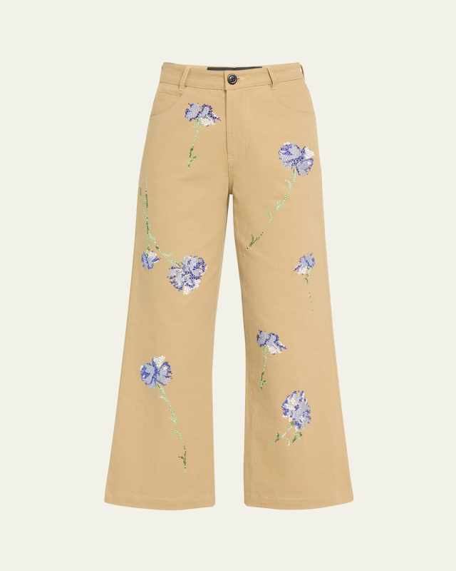 Cecil Beaton Blue Carnation Crystal Cropped Wide-Leg Pants