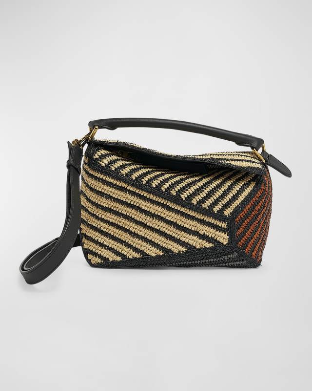 x Paula's Ibiza Puzzle Edge Small Top-Handle Bag in Striped Raffia