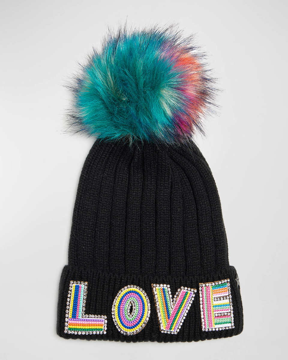 Love Knit Wool Beanie with Faux Fur Pom