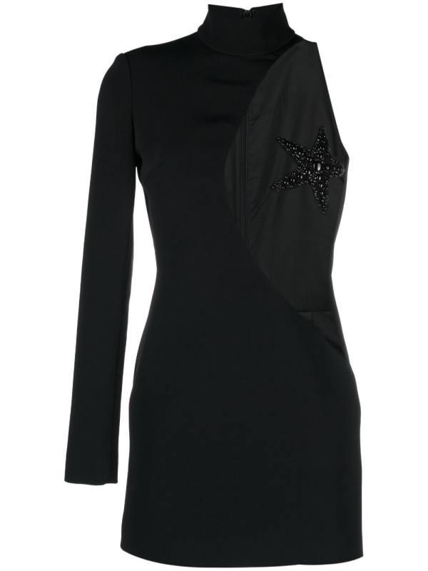 asymmetric mesh-panel minidress
