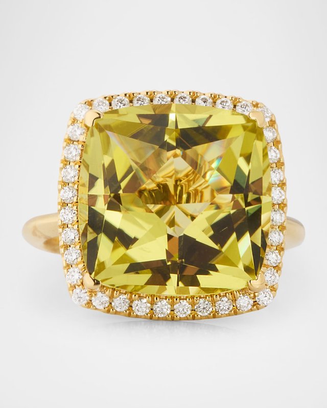Rocks 18K Yellow Gold Cushion Cut Lemon Quartz and Diamond Halo Cocktail Ring, Size 6
