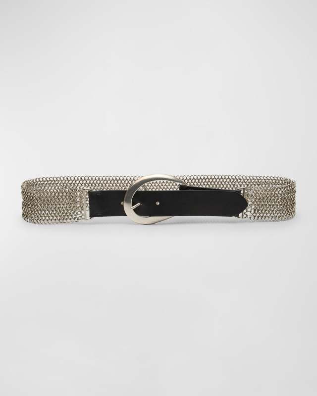 Silver-Tone Chain Leather Belt
