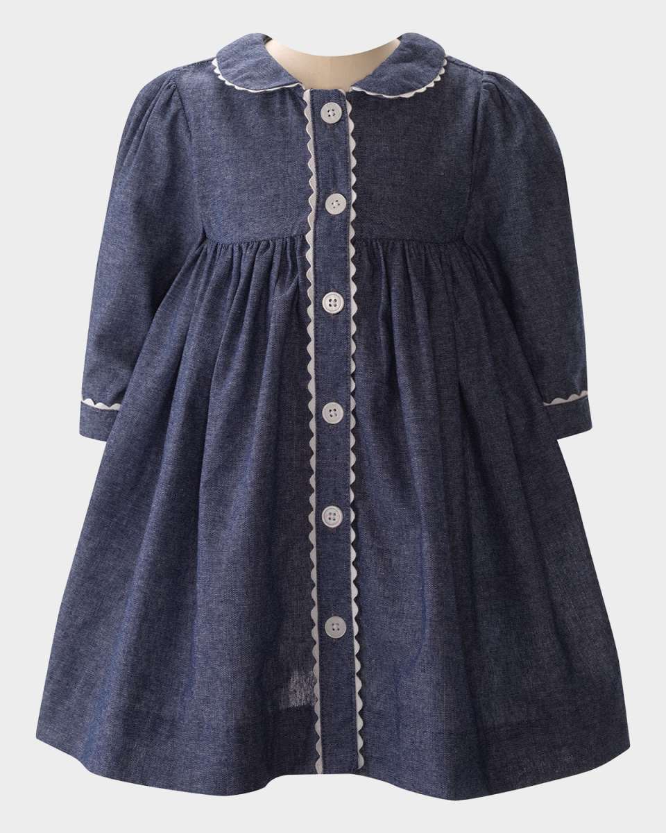 Girl's Chambray Long Sleeve Button-Front Dress & Bloomers, Size 6M-24