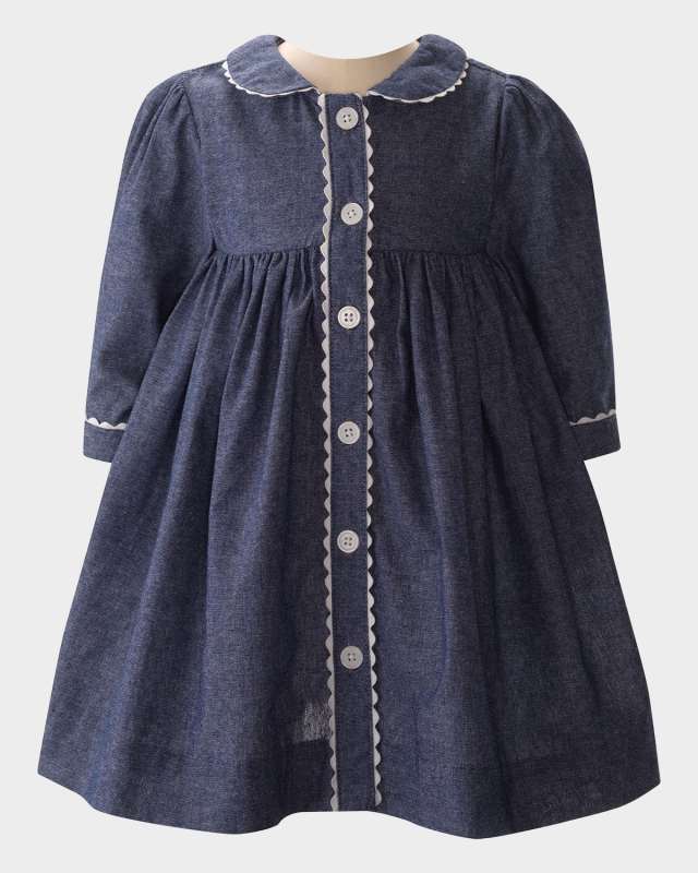 Girl's Chambray Long Sleeve Button-Front Dress & Bloomers, Size 6M-24