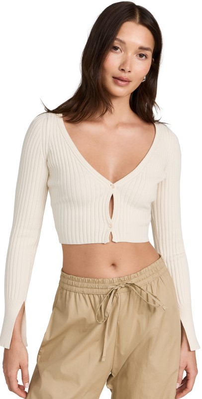 John Elliott Piper Silk Rib Cropped Cardigan Ivory