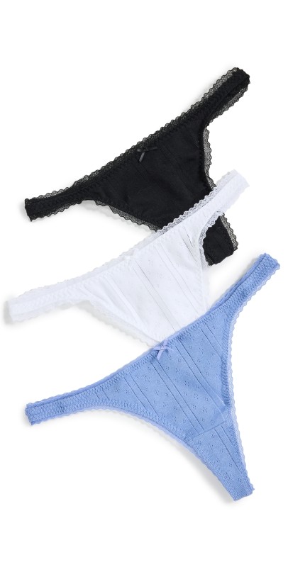 COUCOU Pointelle Thong 3 Pack Black/White/Blue
