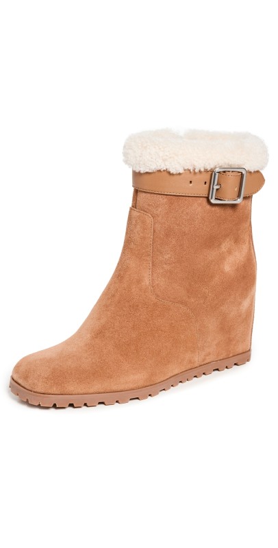 SIMKHAI Avery Shearling Wedge Ankle Boots Toffee