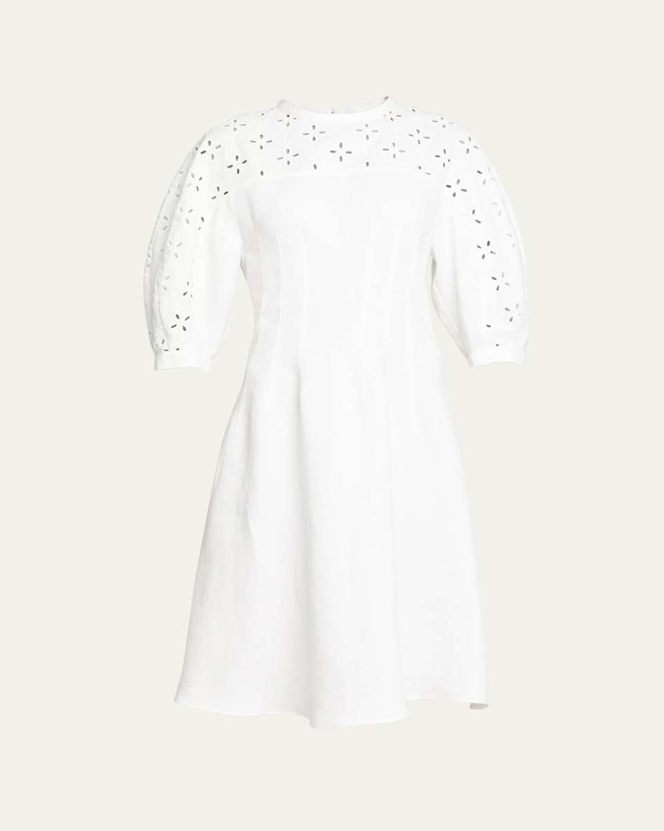 Linen Midi Dress with Eyelet Embroidery