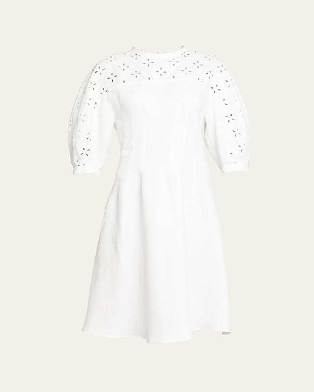 Linen Midi Dress with Eyelet Embroidery