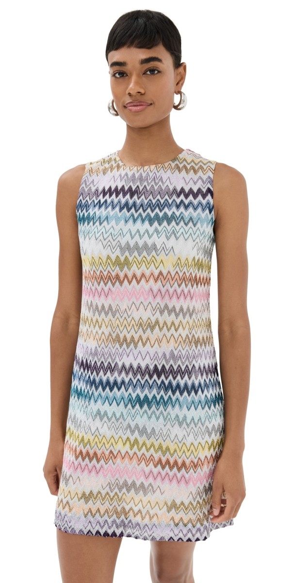 Missoni Sleeveless Mini Dress in Zig Zag Lamé Viscose Space-Dyed With Silver Base