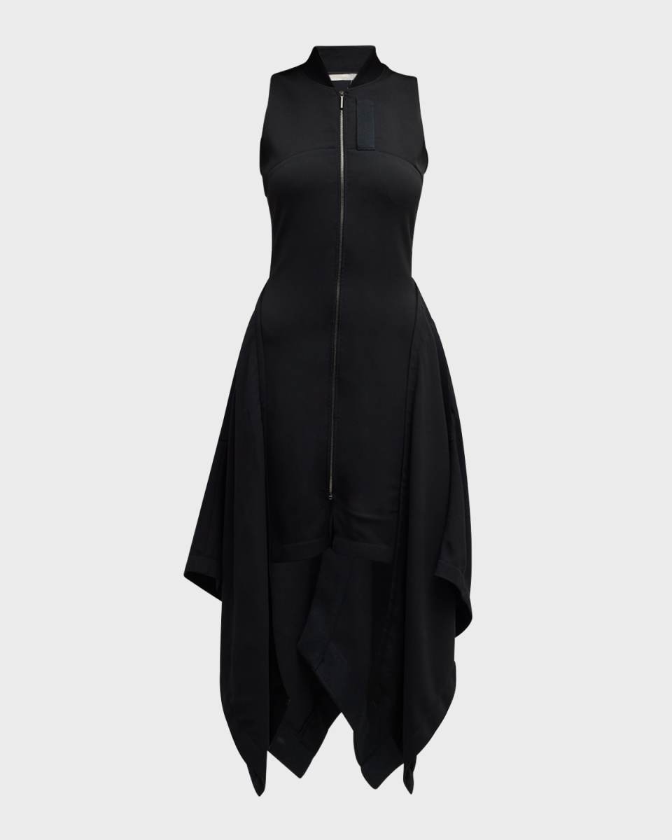Fluid Crepe Bomber Fit-Flare Handkerchief Midi Dress