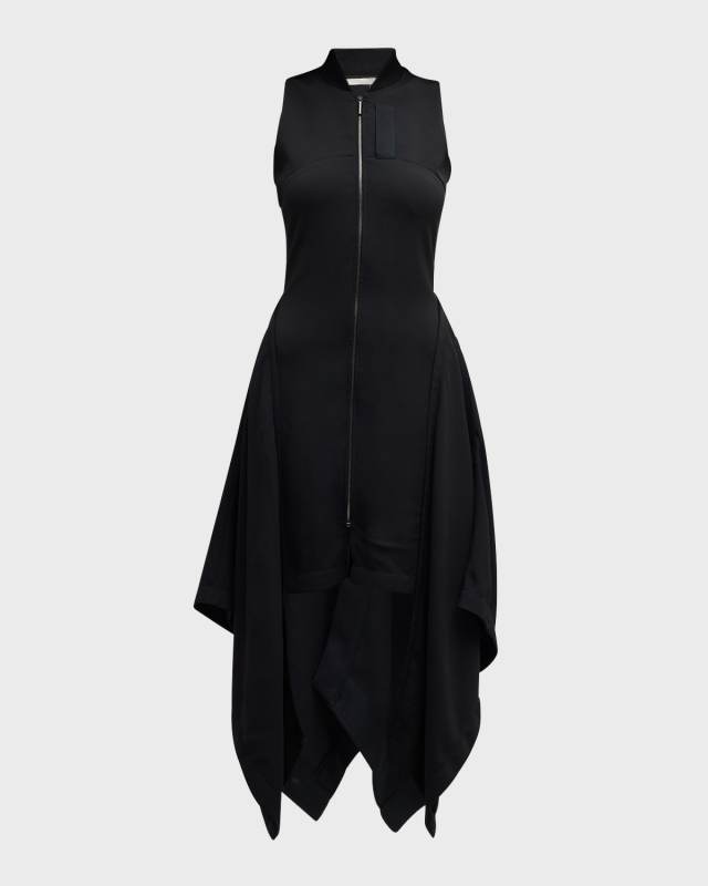 Fluid Crepe Bomber Fit-Flare Handkerchief Midi Dress