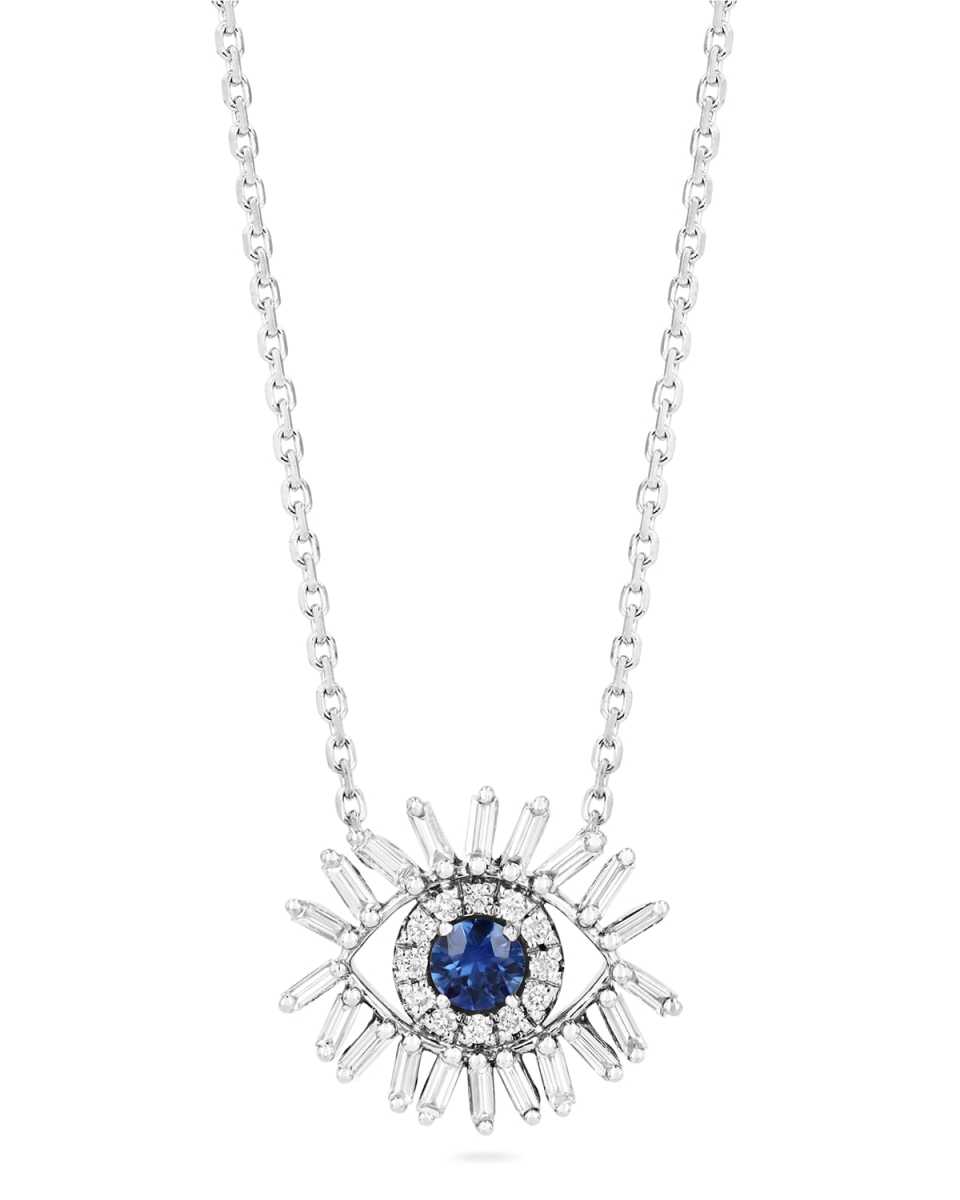 Mini Blue Sapphire Evil Eye Pendant Necklace with Diamonds