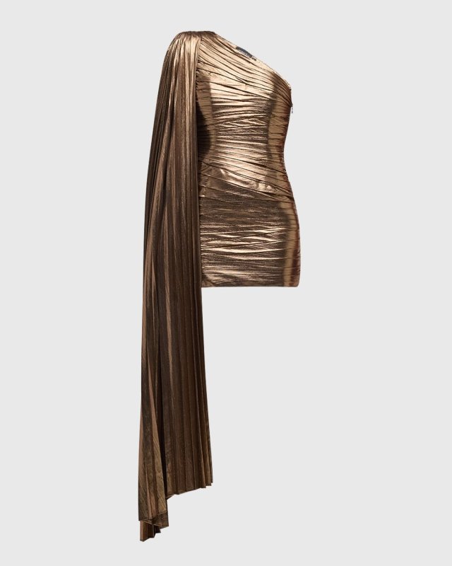 Karena Shoulder-Drape Metallic Mini Dress