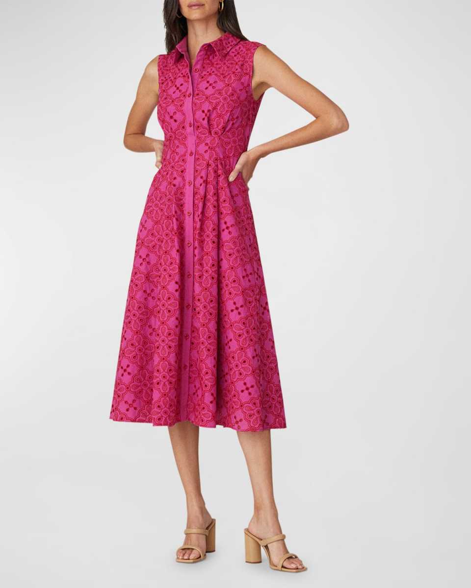 Deco Pleated Eyelet Embroidered Midi Dress