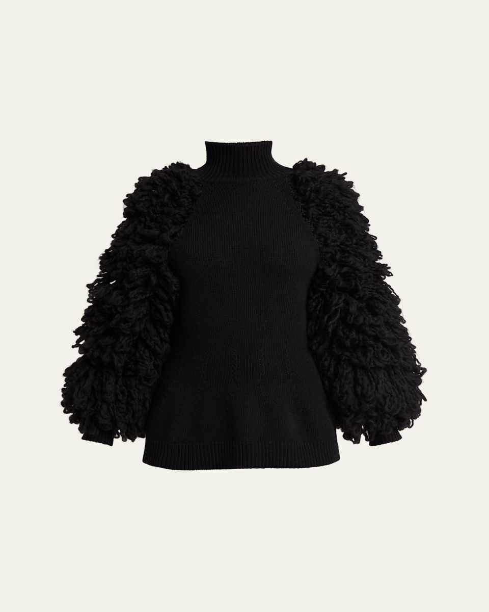 Turtleneck Fringe-Sleeves Wool Sweater