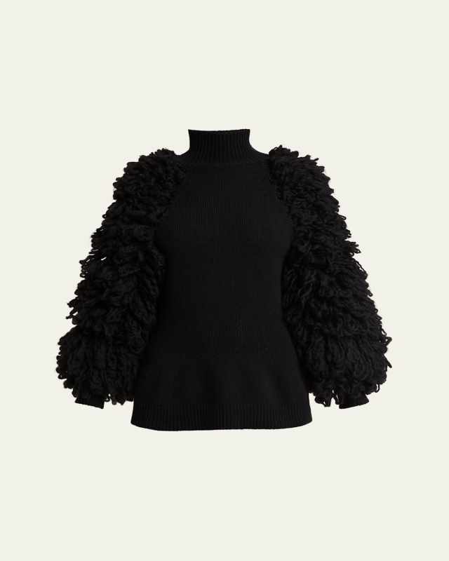 Turtleneck Fringe-Sleeves Wool Sweater
