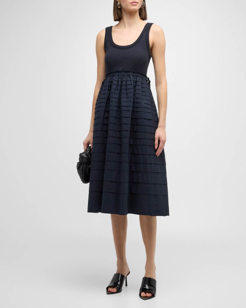 Akira Sleeveless Scoop-Neck Pintuck Combo Midi Dress